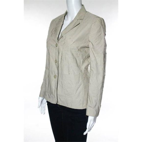 Cacharel Beige Tan VNeck Cotton Floral Accent Button Down Blazer - Picture 6 of 7